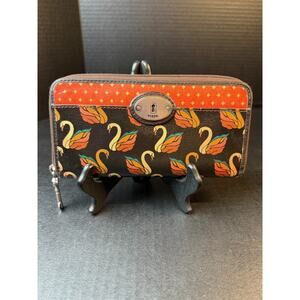 Fossil Key-Per Swan Coated Canvas Zip Around Wallet Organizer Black Brown Orange